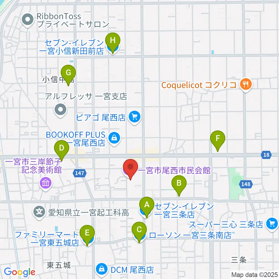 一宮市尾西市民会館周辺のコンビニエンスストア一覧地図
