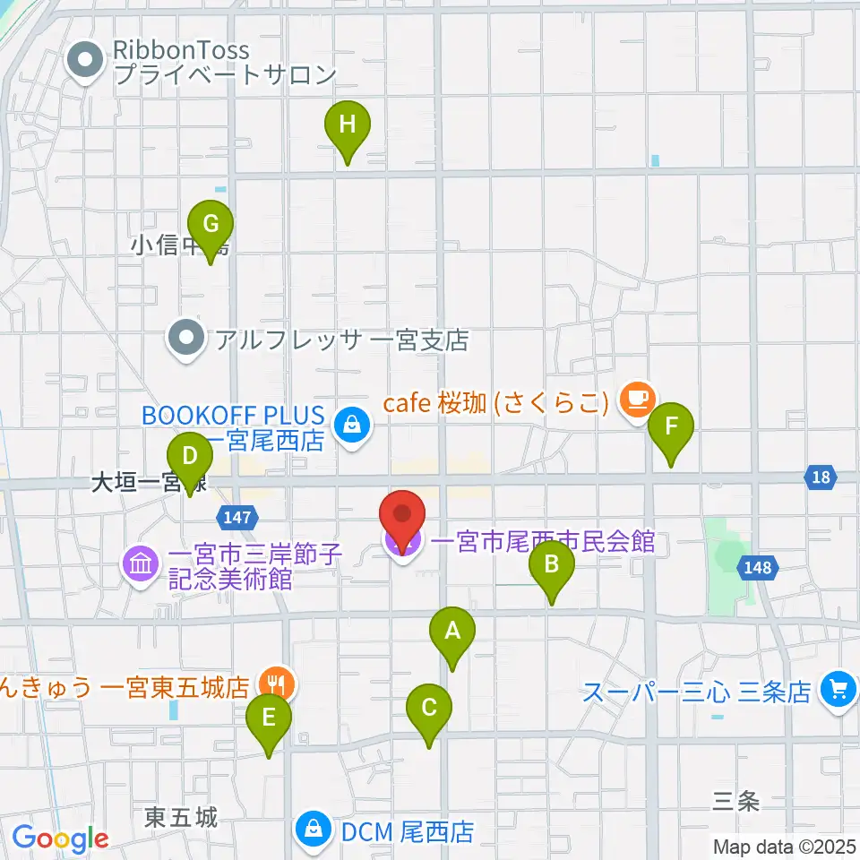 一宮市尾西市民会館周辺のコンビニエンスストア一覧地図