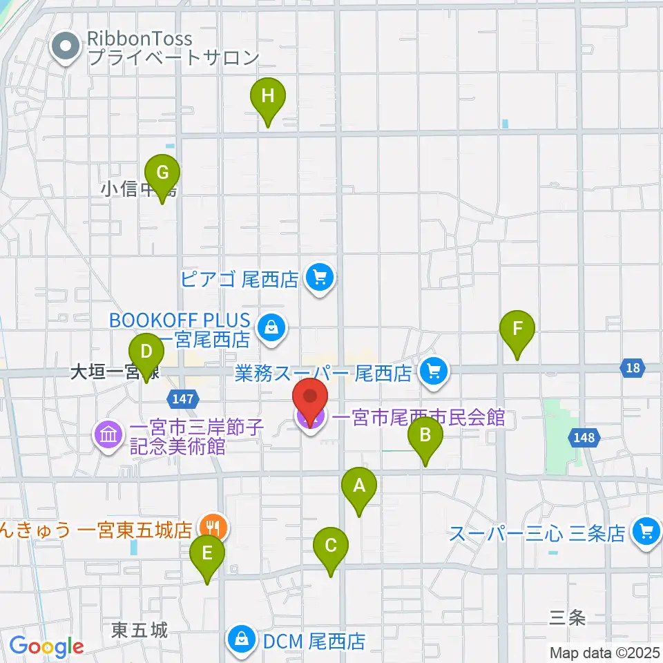 一宮市尾西市民会館周辺のコンビニエンスストア一覧地図
