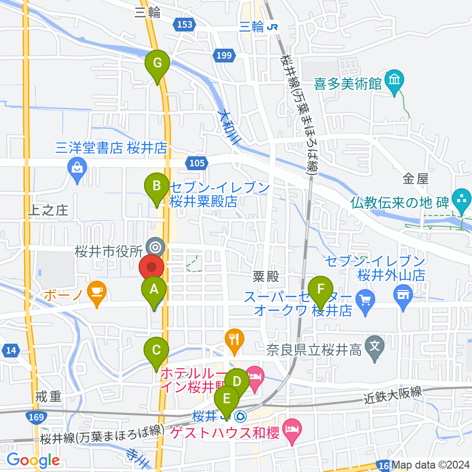 桜井市民会館周辺のコンビニエンスストア一覧地図