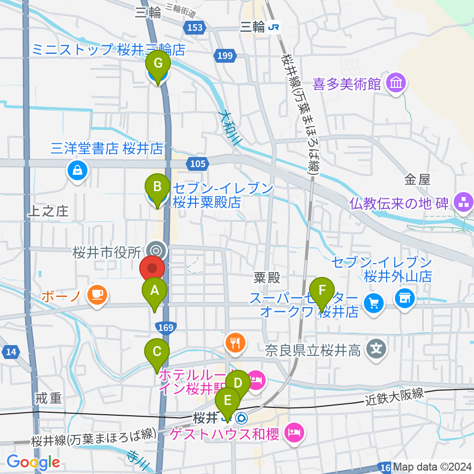 桜井市民会館周辺のコンビニエンスストア一覧地図