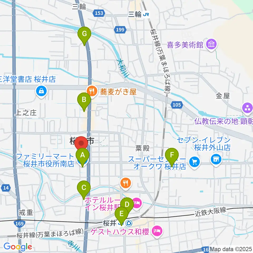 桜井市民会館周辺のコンビニエンスストア一覧地図