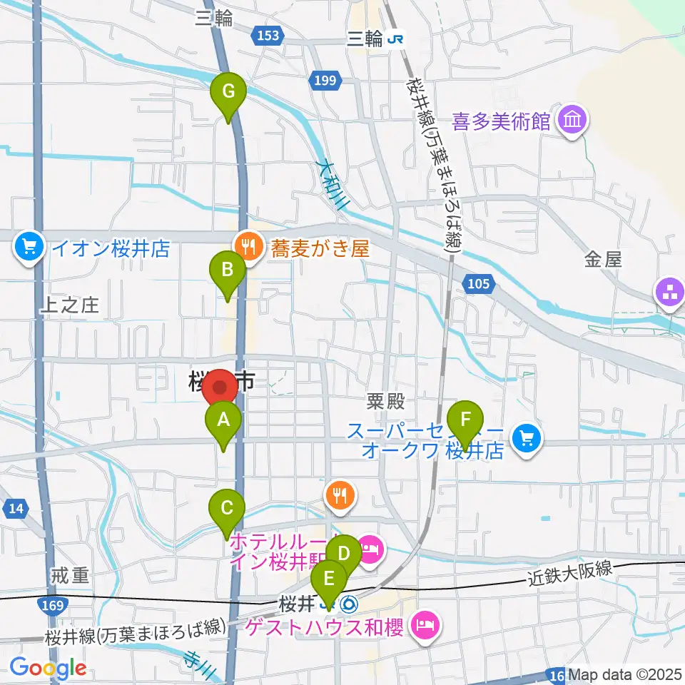 桜井市民会館周辺のコンビニエンスストア一覧地図