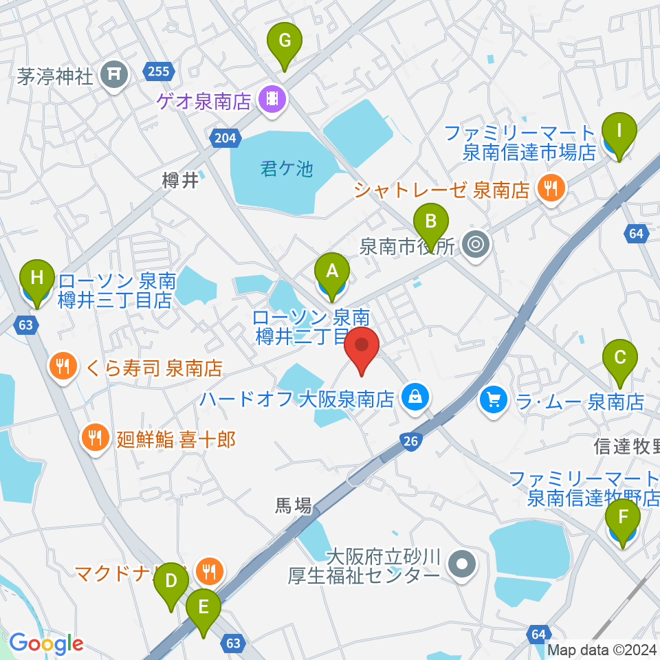 泉南市立文化ホール周辺のコンビニエンスストア一覧地図