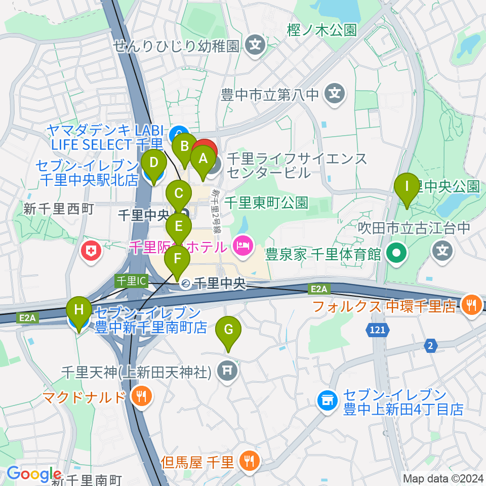 千里ライフサイエンスセンター周辺のコンビニエンスストア一覧地図