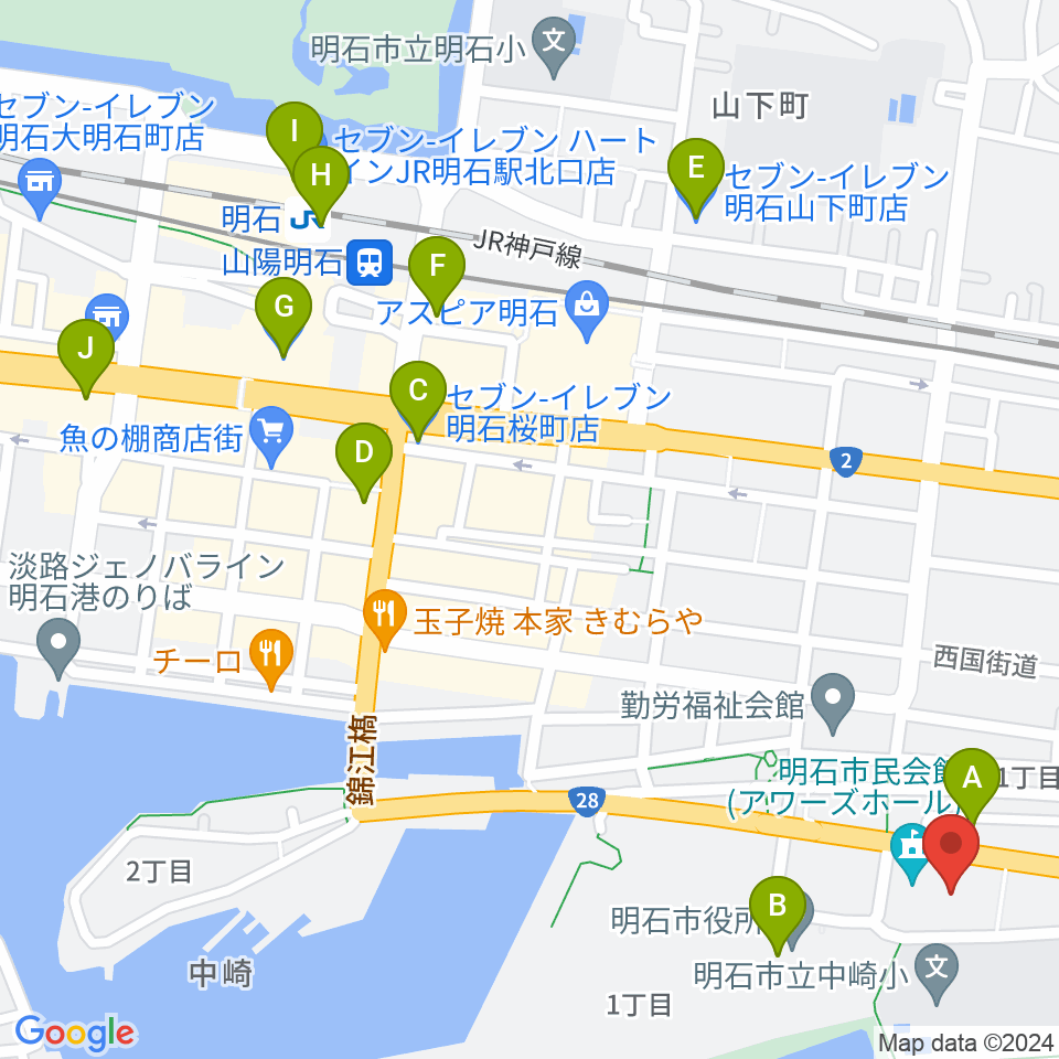 明石市立市民会館アワーズホール周辺のコンビニエンスストア一覧地図