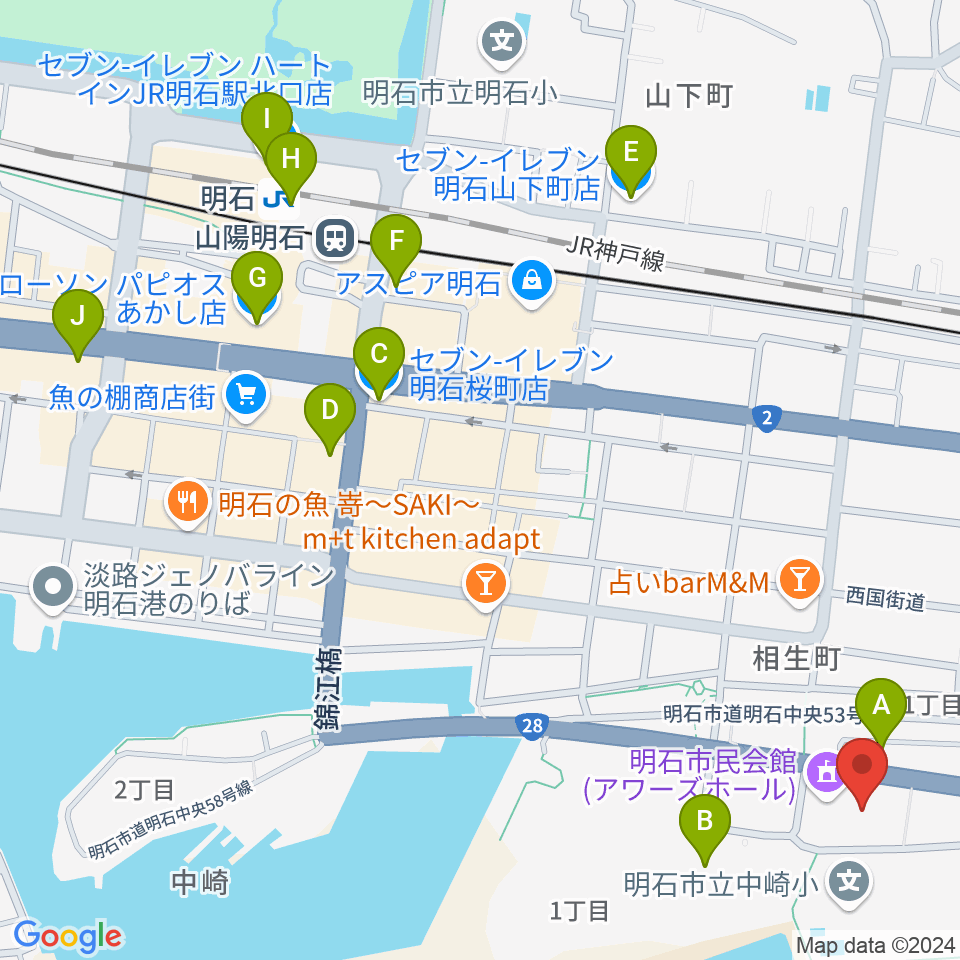 明石市立市民会館アワーズホール周辺のコンビニエンスストア一覧地図