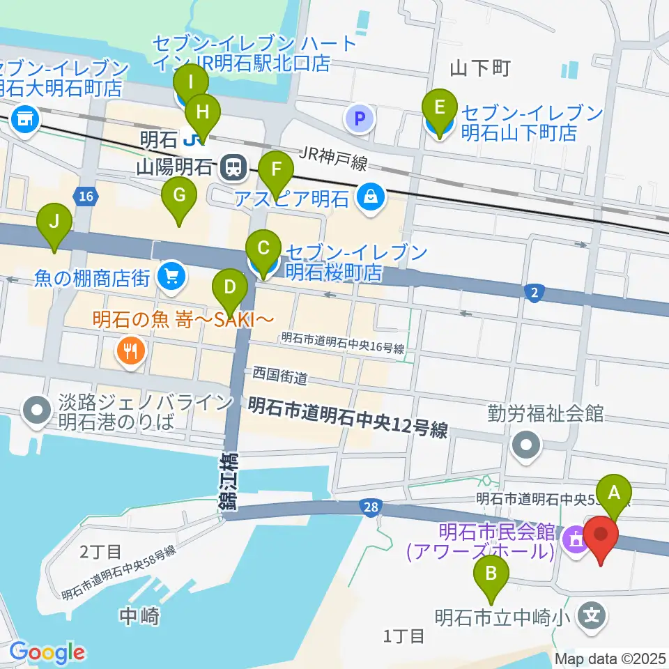 明石市立市民会館アワーズホール周辺のコンビニエンスストア一覧地図