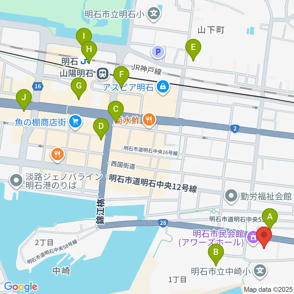 明石市立市民会館アワーズホール周辺のコンビニエンスストア一覧地図