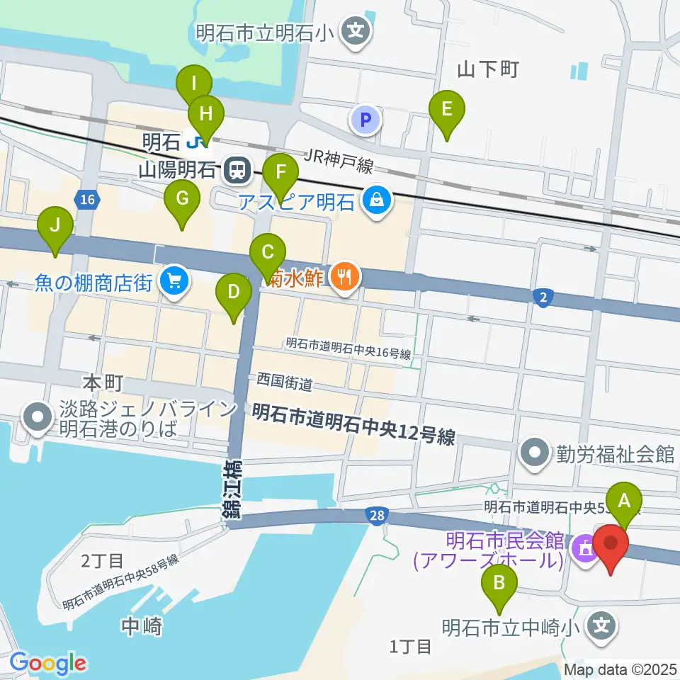 明石市立市民会館アワーズホール周辺のコンビニエンスストア一覧地図