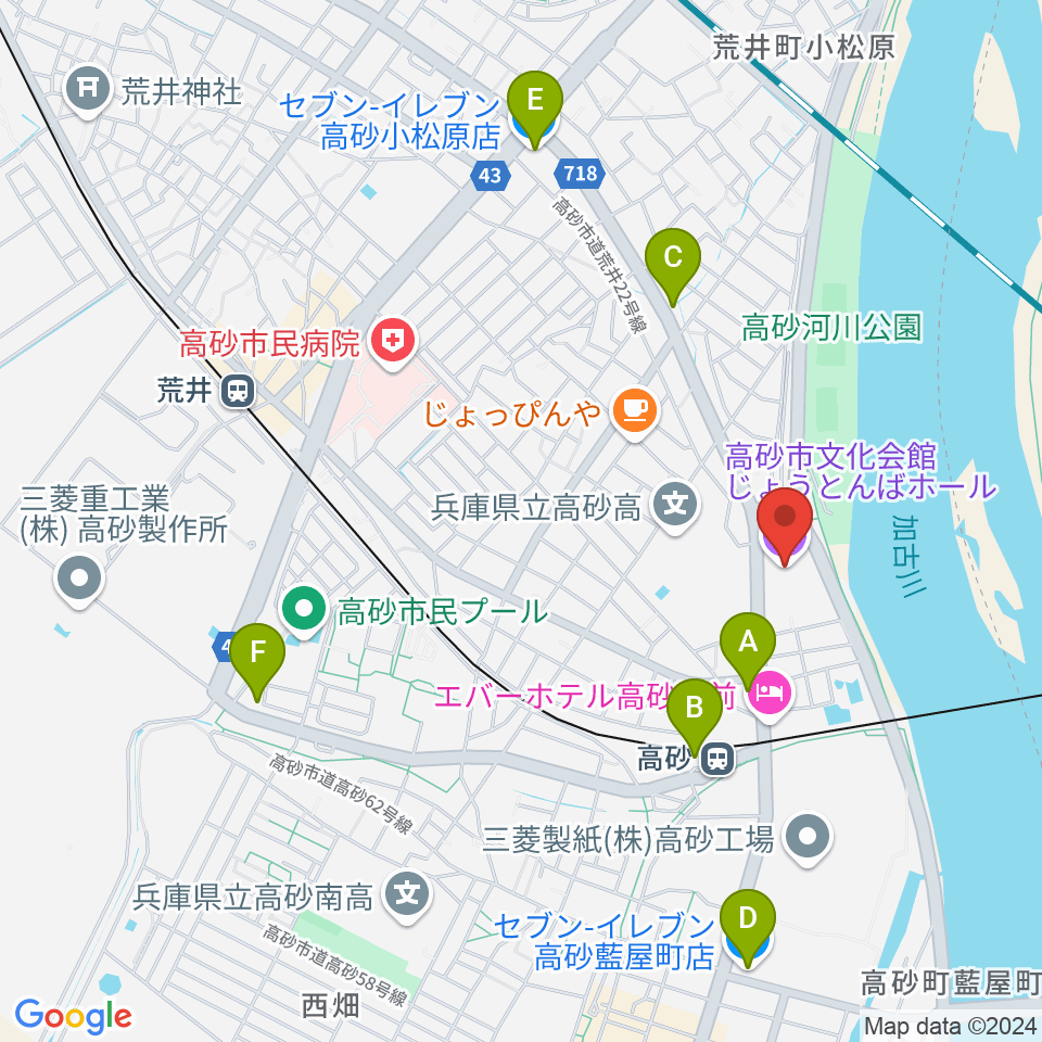 高砂市文化会館周辺のコンビニエンスストア一覧地図