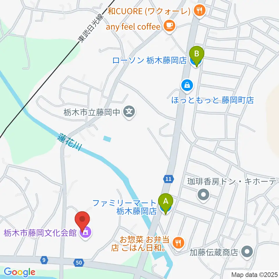 栃木市藤岡文化会館周辺のコンビニエンスストア一覧地図