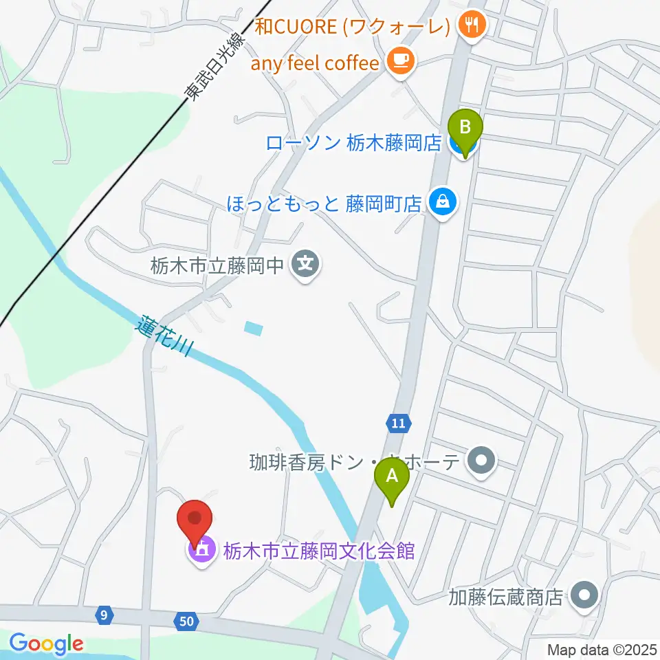栃木市藤岡文化会館周辺のコンビニエンスストア一覧地図