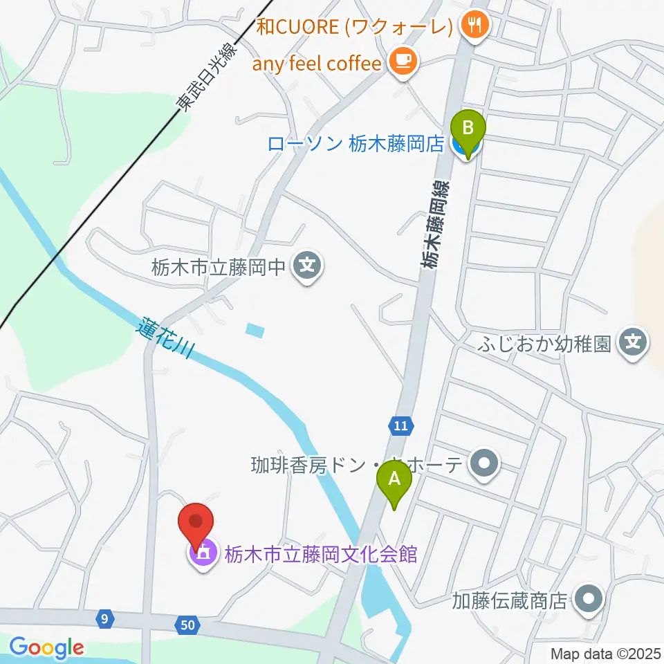 栃木市藤岡文化会館周辺のコンビニエンスストア一覧地図