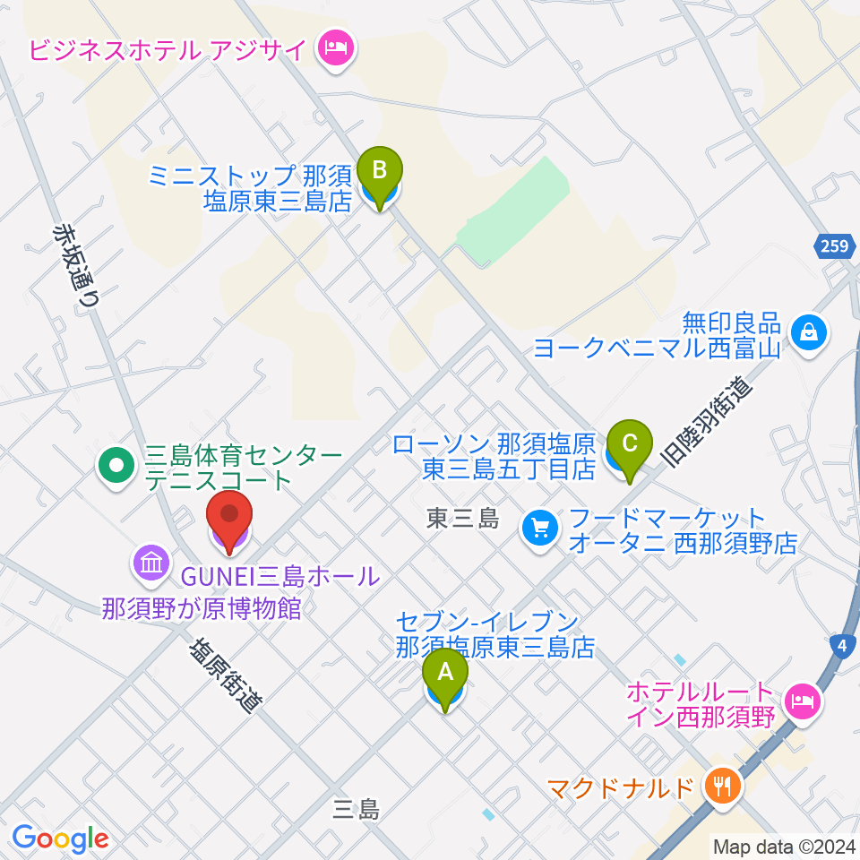 GUNEI三島ホール周辺のコンビニエンスストア一覧地図