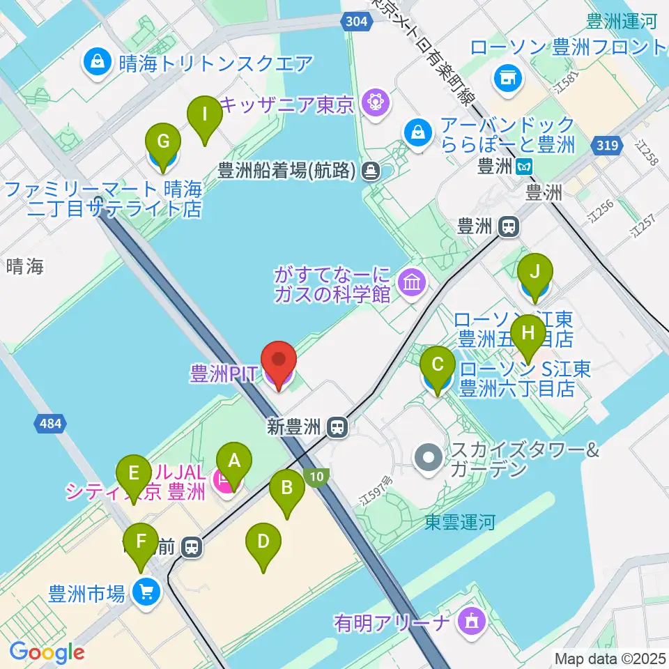 豊洲PIT周辺のコンビニエンスストア一覧地図