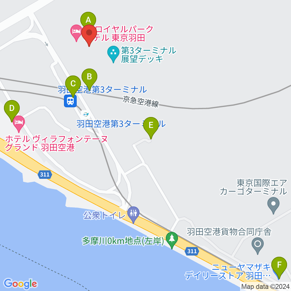 羽田空港ティアットスカイホール周辺のコンビニエンスストア一覧地図