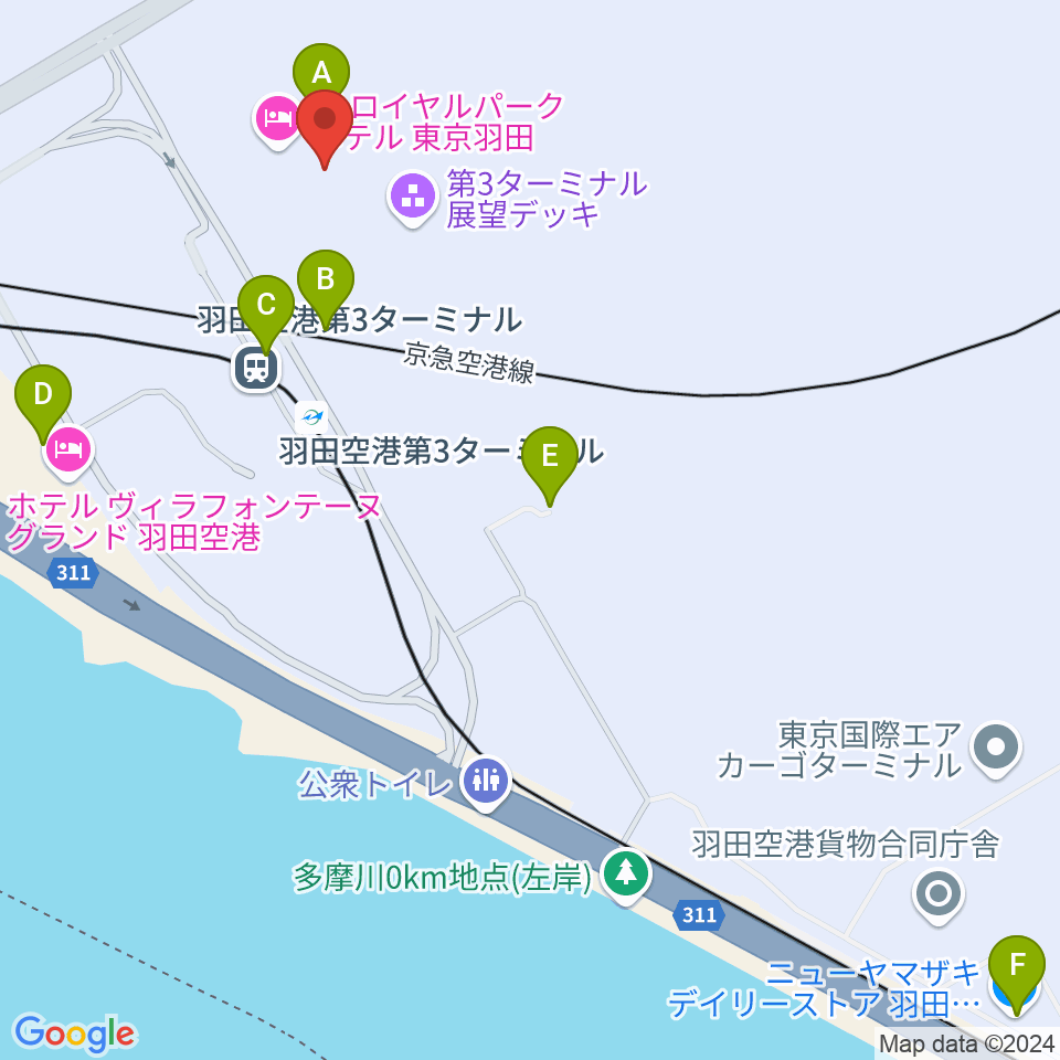 羽田空港ティアットスカイホール周辺のコンビニエンスストア一覧地図