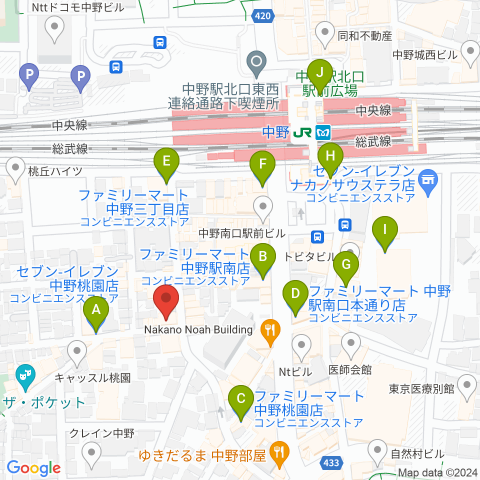 サウンドスタジオノア 中野店周辺のコンビニエンスストア一覧地図