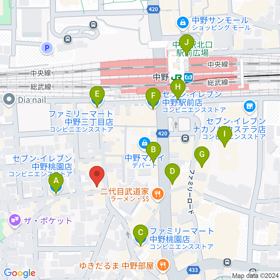 サウンドスタジオノア 中野店周辺のコンビニエンスストア一覧地図