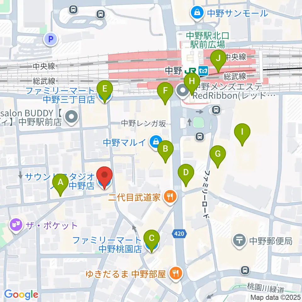 サウンドスタジオノア 中野店周辺のコンビニエンスストア一覧地図
