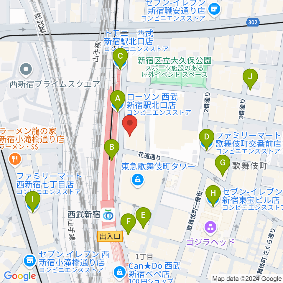 新宿バティオス周辺のコンビニエンスストア一覧地図