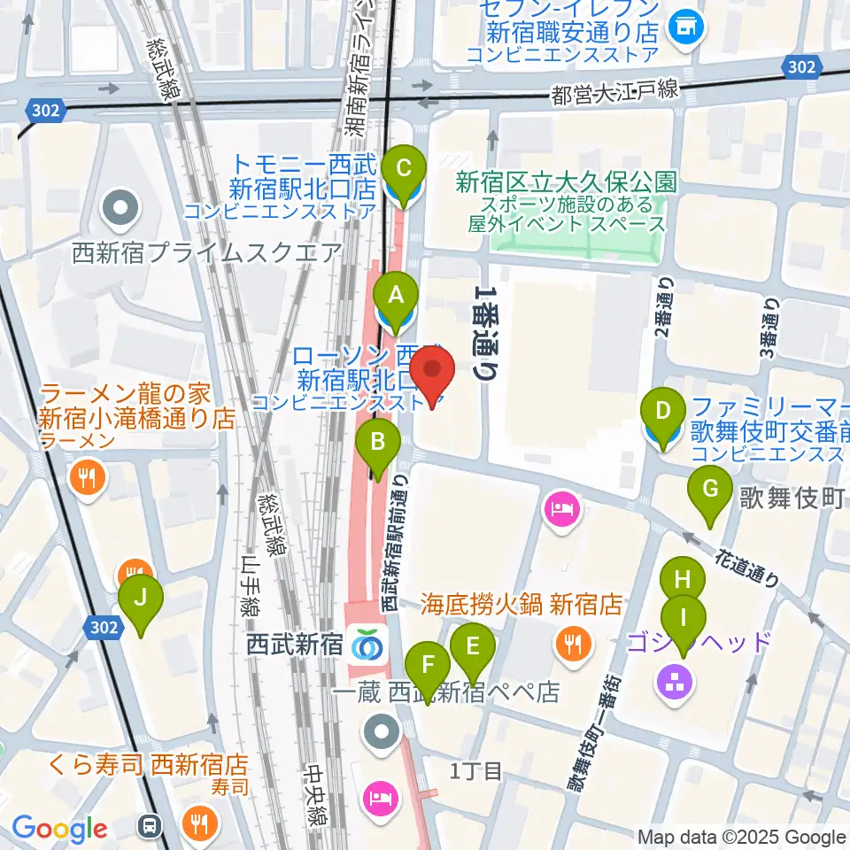 新宿バティオス周辺のコンビニエンスストア一覧地図