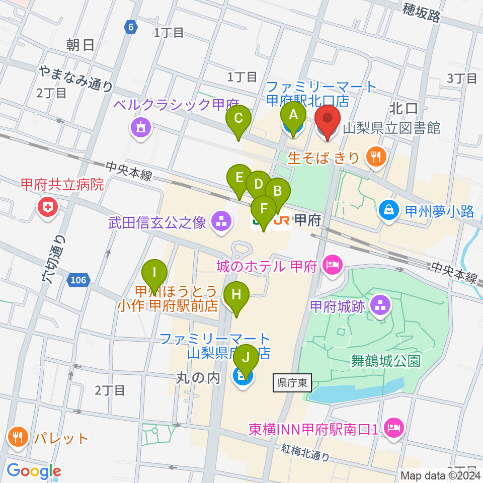 山梨県立図書館周辺のコンビニエンスストア一覧地図