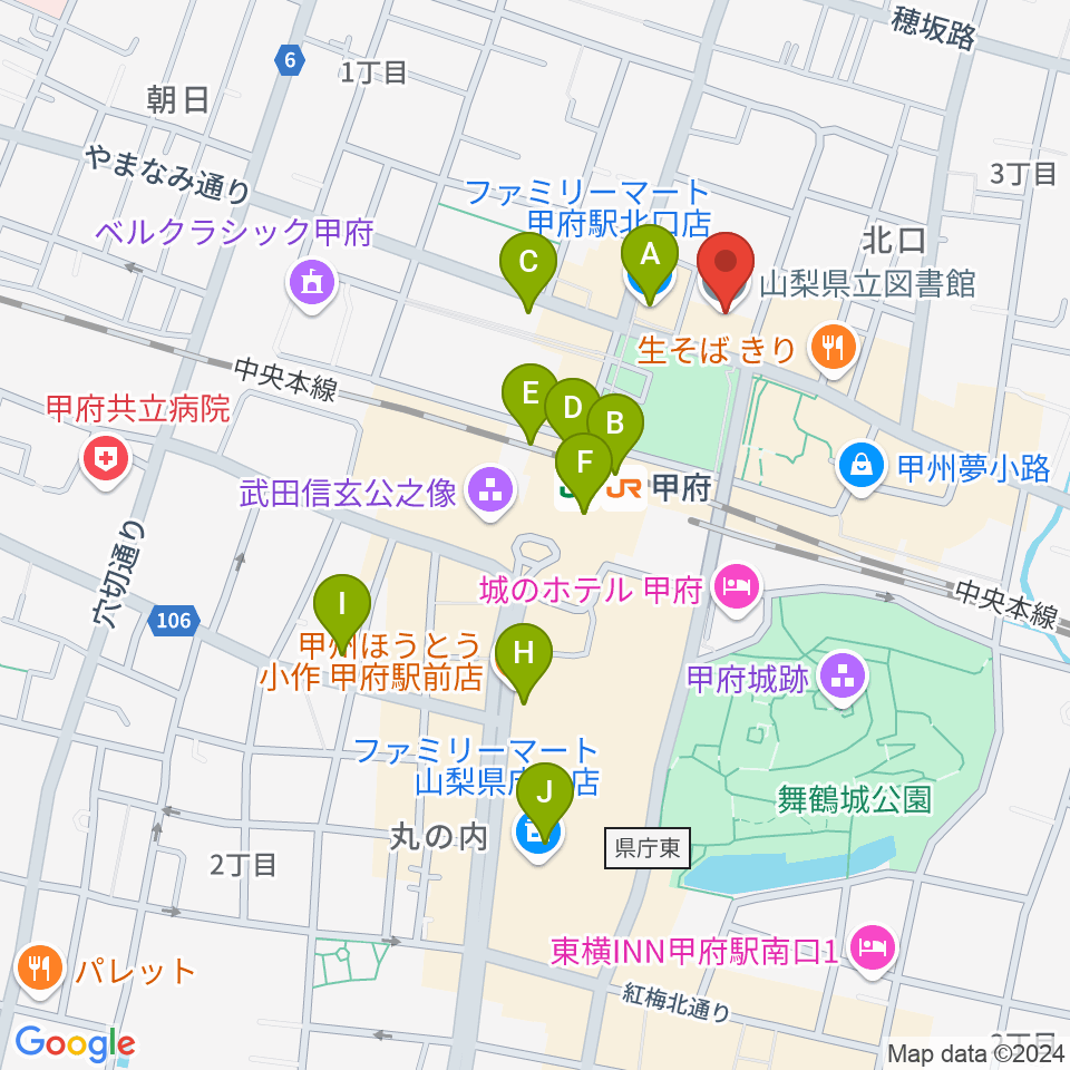 山梨県立図書館周辺のコンビニエンスストア一覧地図