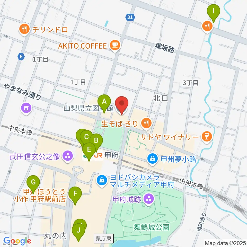 山梨県立図書館周辺のコンビニエンスストア一覧地図