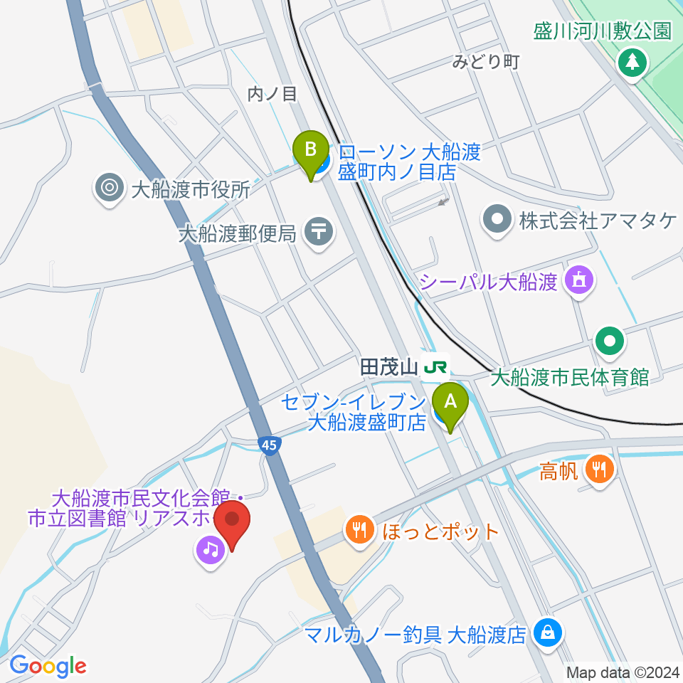 リアスホール周辺のコンビニエンスストア一覧地図