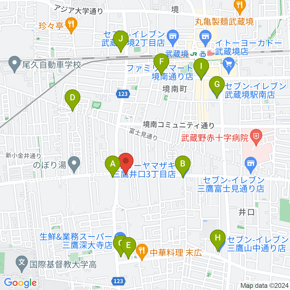 武蔵境フォンタナ周辺のコンビニエンスストア一覧地図