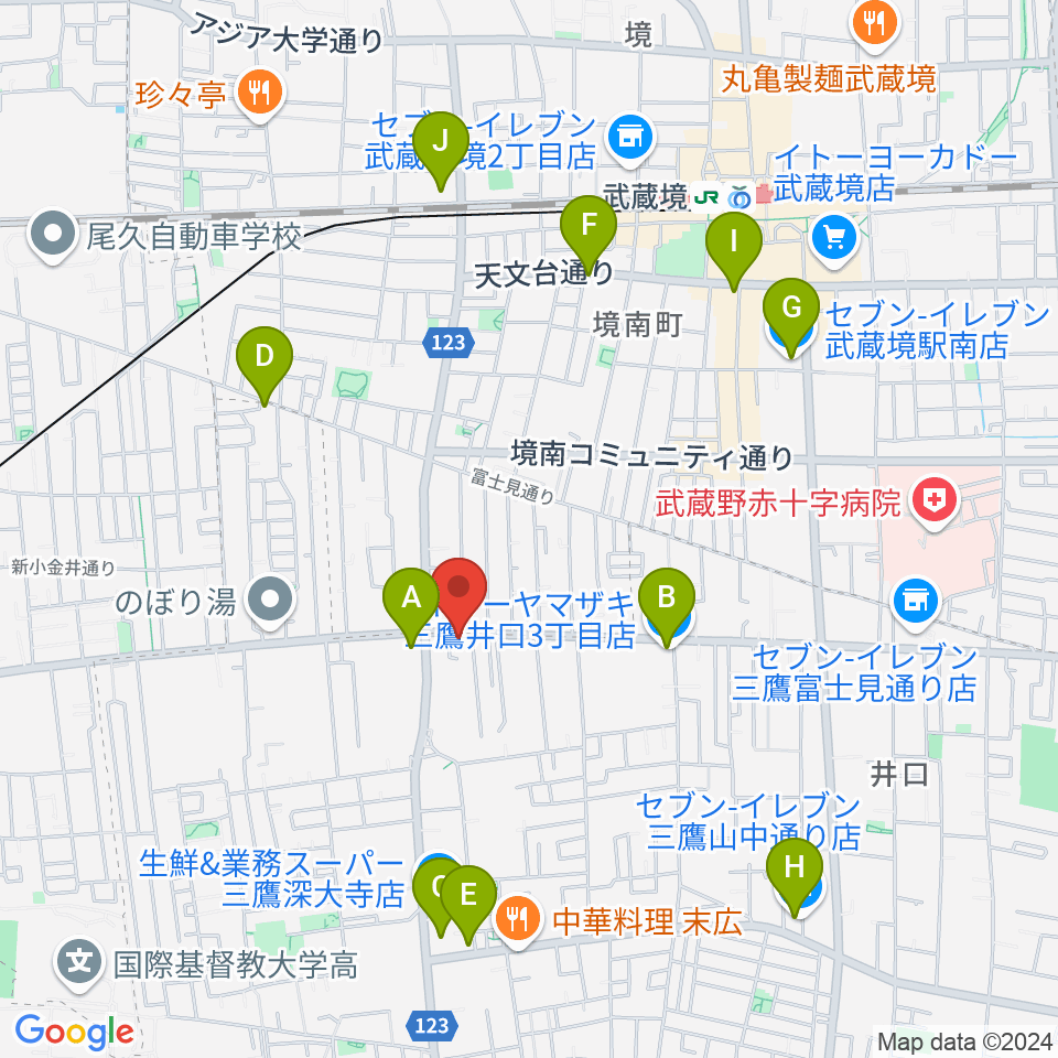 武蔵境フォンタナ周辺のコンビニエンスストア一覧地図