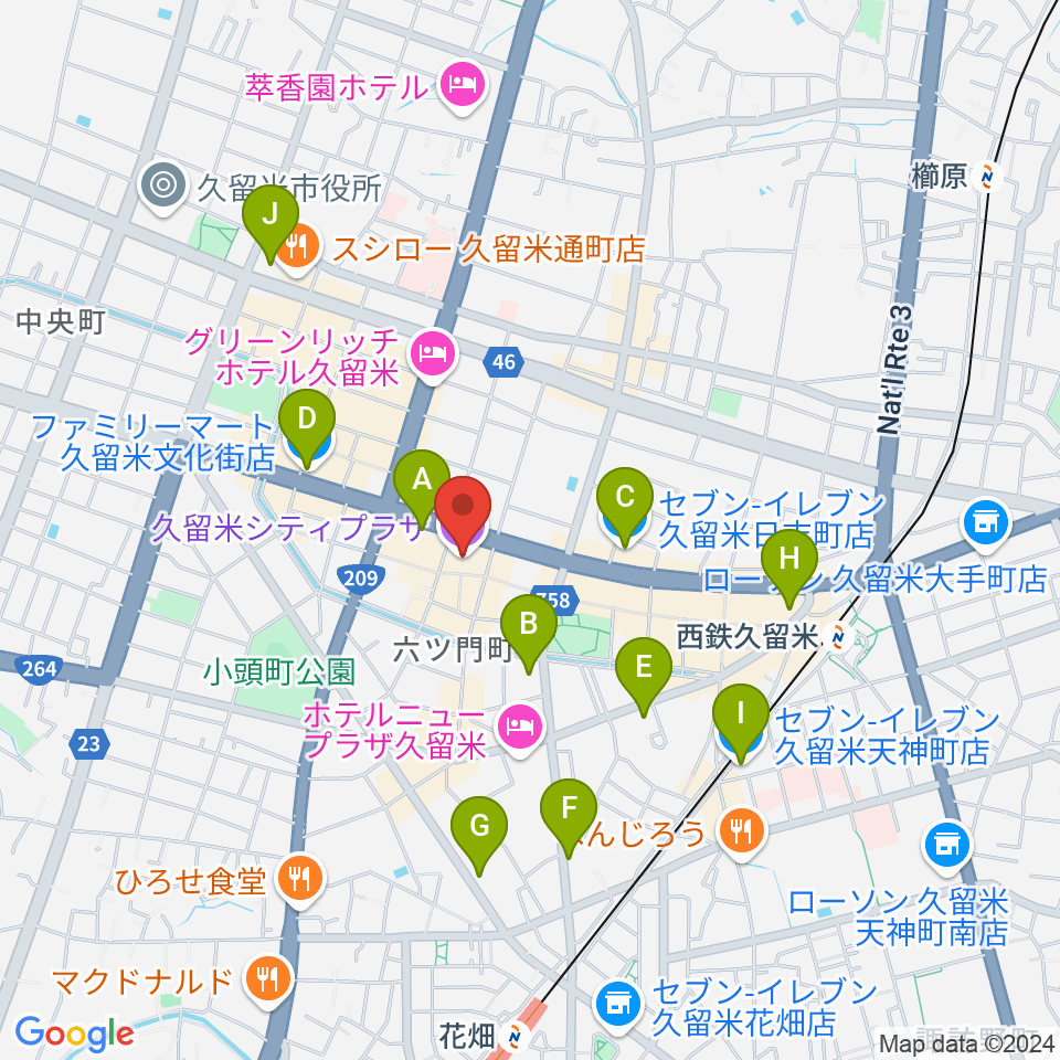 久留米シティプラザ周辺のコンビニエンスストア一覧地図