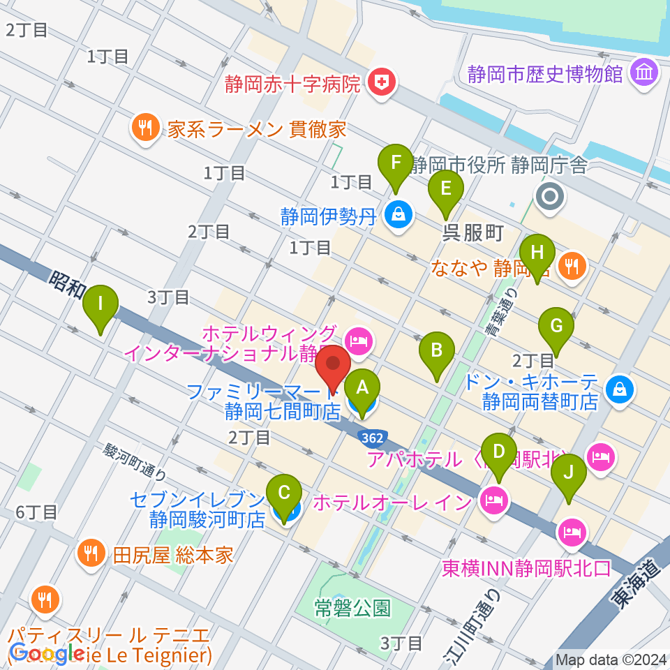 MIRAIEリアン コミュニティホール七間町周辺のコンビニエンスストア一覧地図