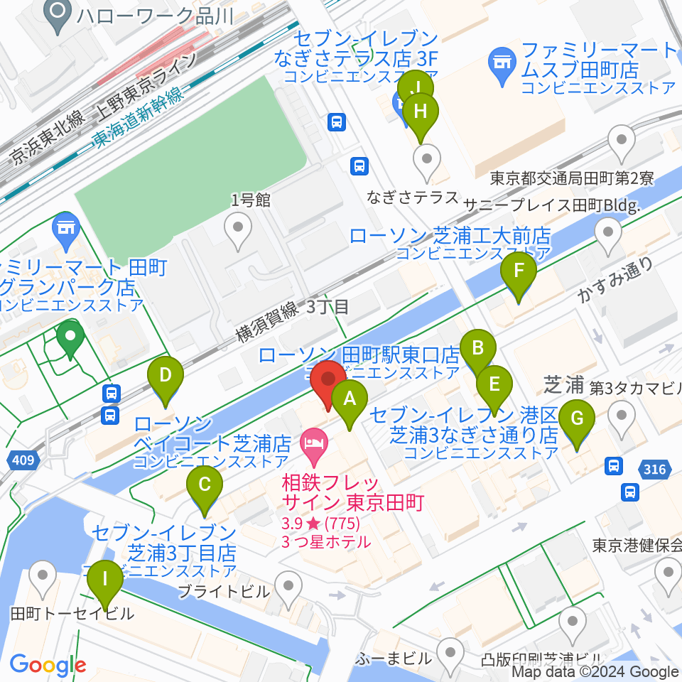 ミナトピアノ練習室周辺のコンビニエンスストア一覧地図