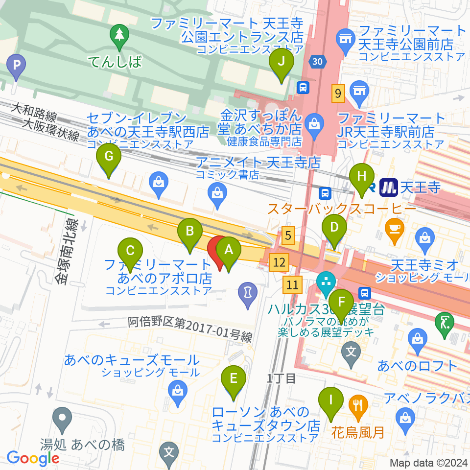 ワタナベ楽器店 アベノミュージックセンター周辺のコンビニエンスストア一覧地図