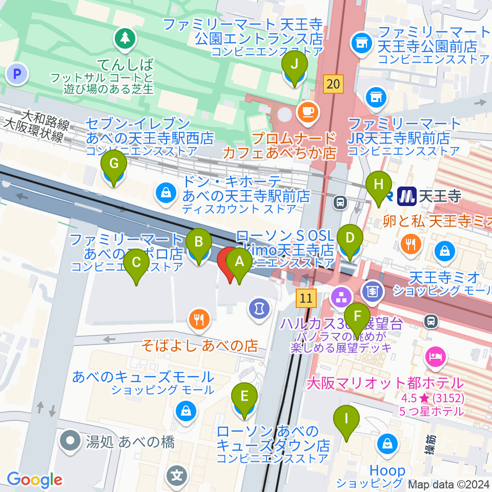 ワタナベ楽器店 アベノミュージックセンター周辺のコンビニエンスストア一覧地図