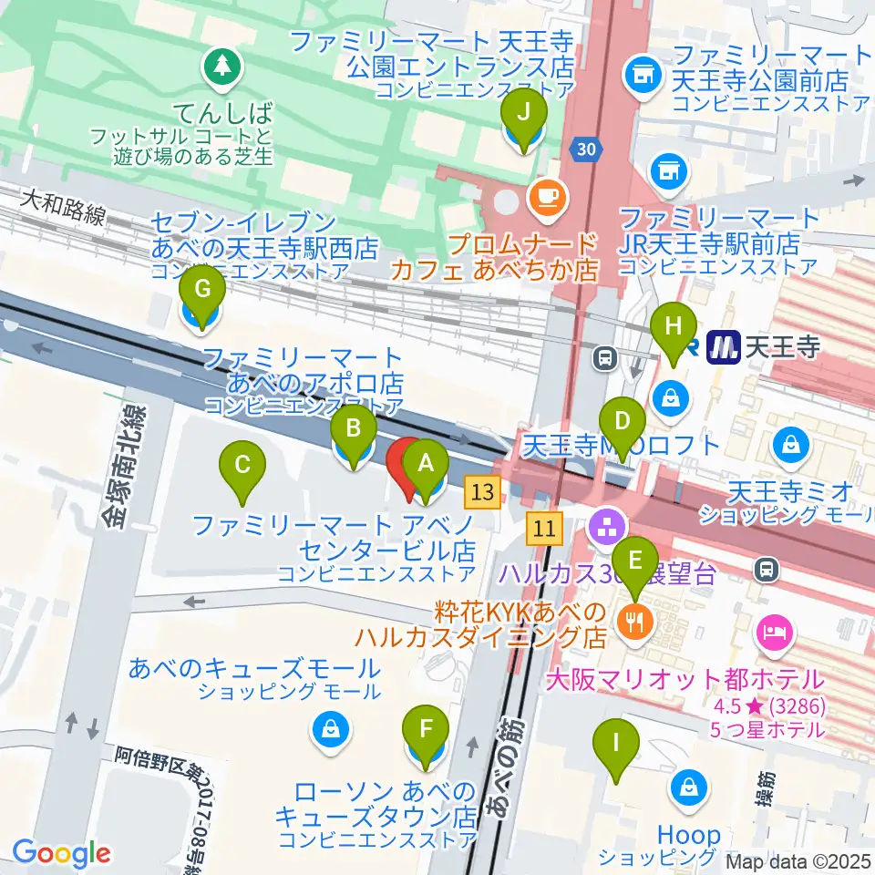 ワタナベ楽器店 アベノミュージックセンター周辺のコンビニエンスストア一覧地図
