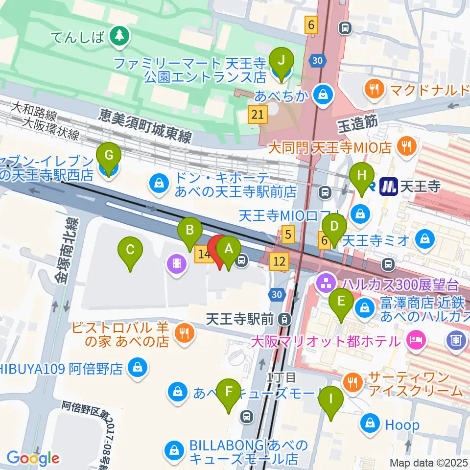 ワタナベ楽器店 アベノミュージックセンター周辺のコンビニエンスストア一覧地図