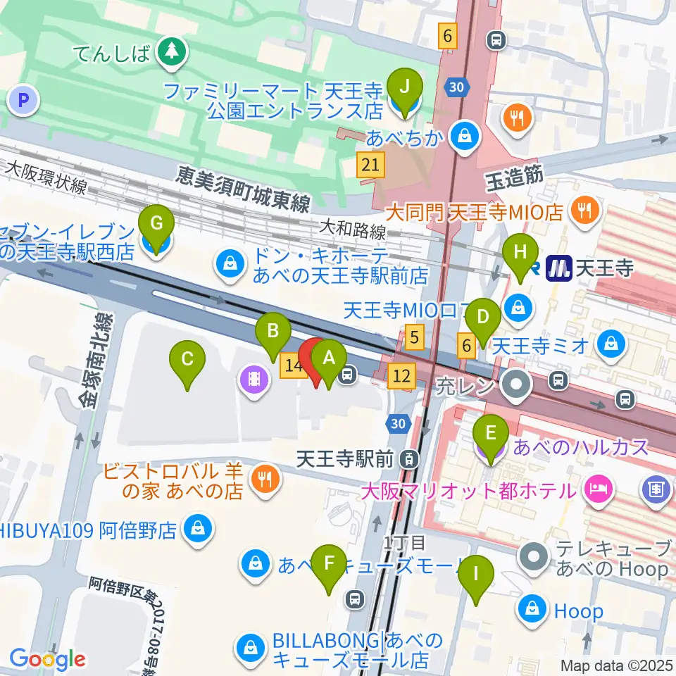 ワタナベ楽器店 アベノミュージックセンター周辺のコンビニエンスストア一覧地図