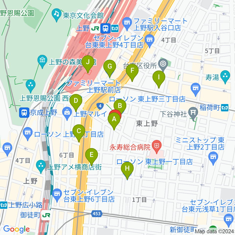 上野音横丁周辺のコンビニエンスストア一覧地図