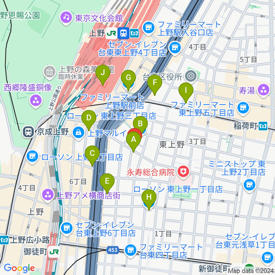 上野音横丁周辺のコンビニエンスストア一覧地図