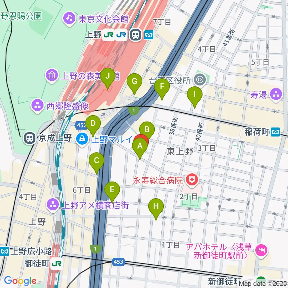 上野音横丁周辺のコンビニエンスストア一覧地図