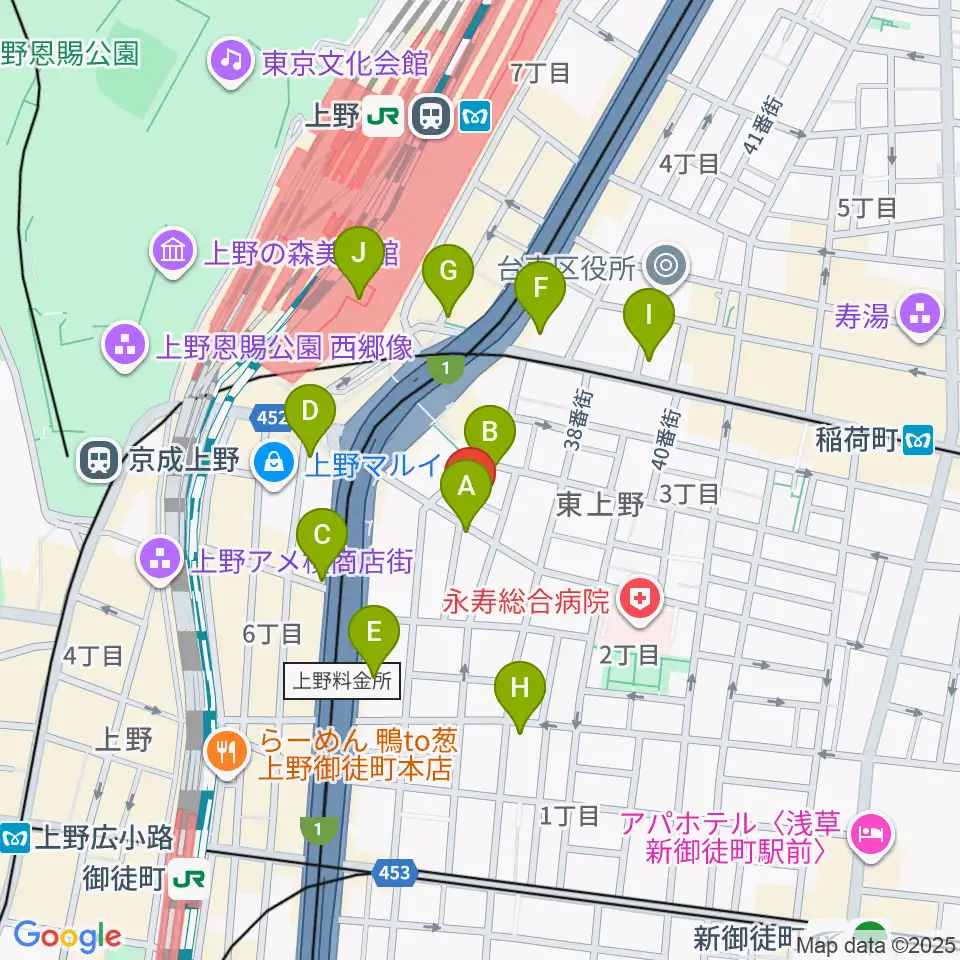上野音横丁周辺のコンビニエンスストア一覧地図