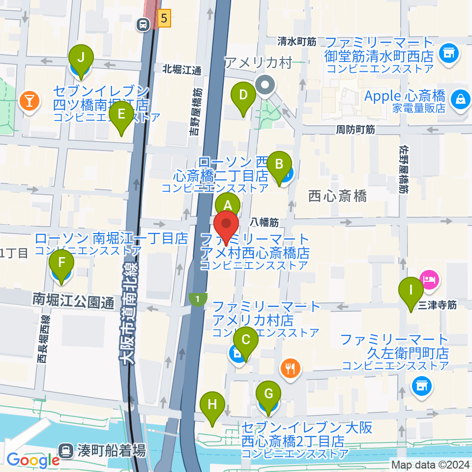 ゴースト大阪周辺のコンビニエンスストア一覧地図