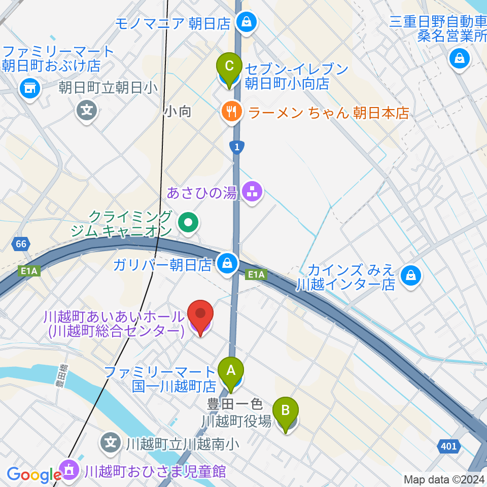 川越町あいあいホール周辺のコンビニエンスストア一覧地図