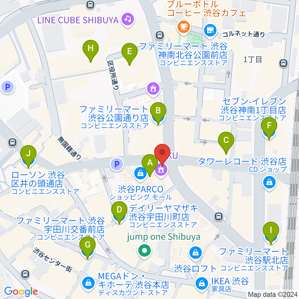 渋谷クアトロラボ周辺のコンビニエンスストア一覧地図