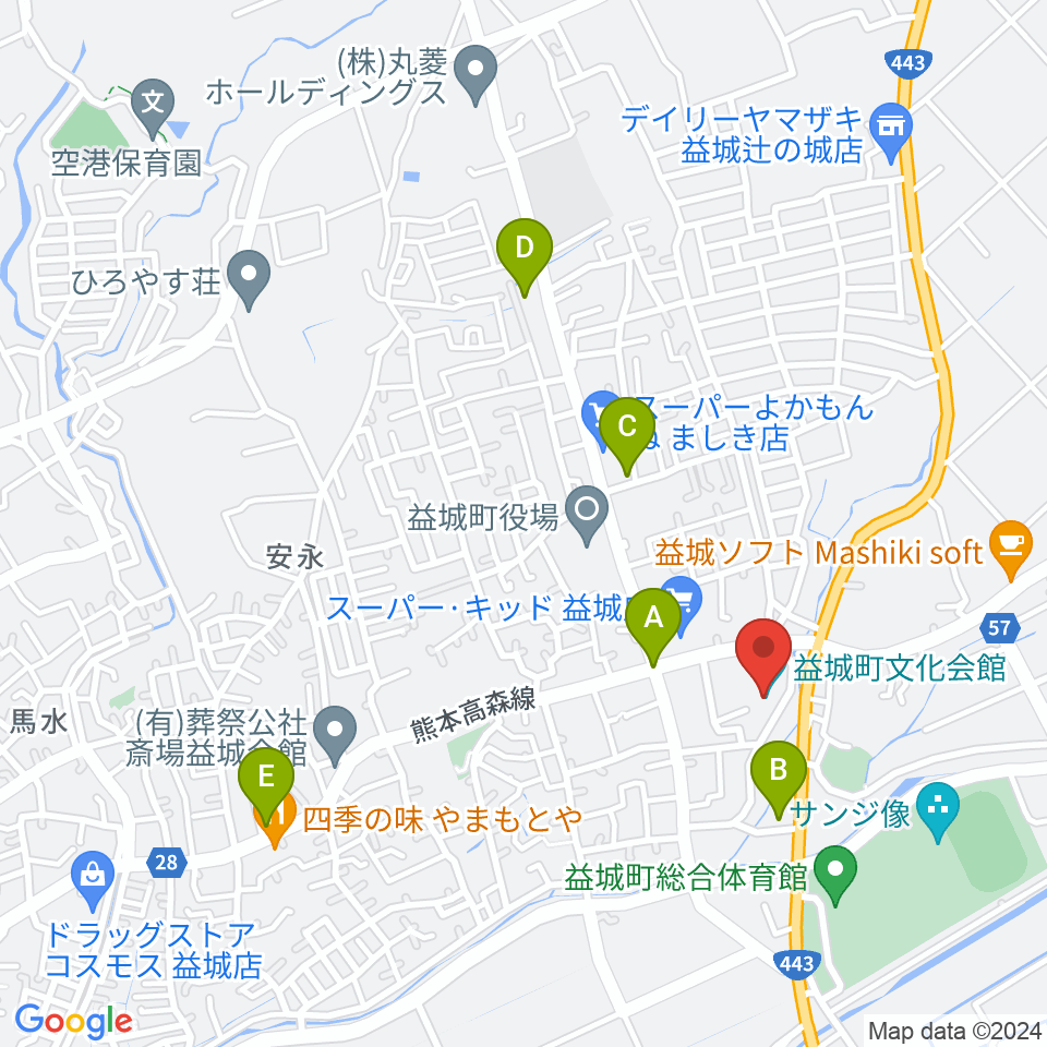 益城町文化会館周辺のコンビニエンスストア一覧地図