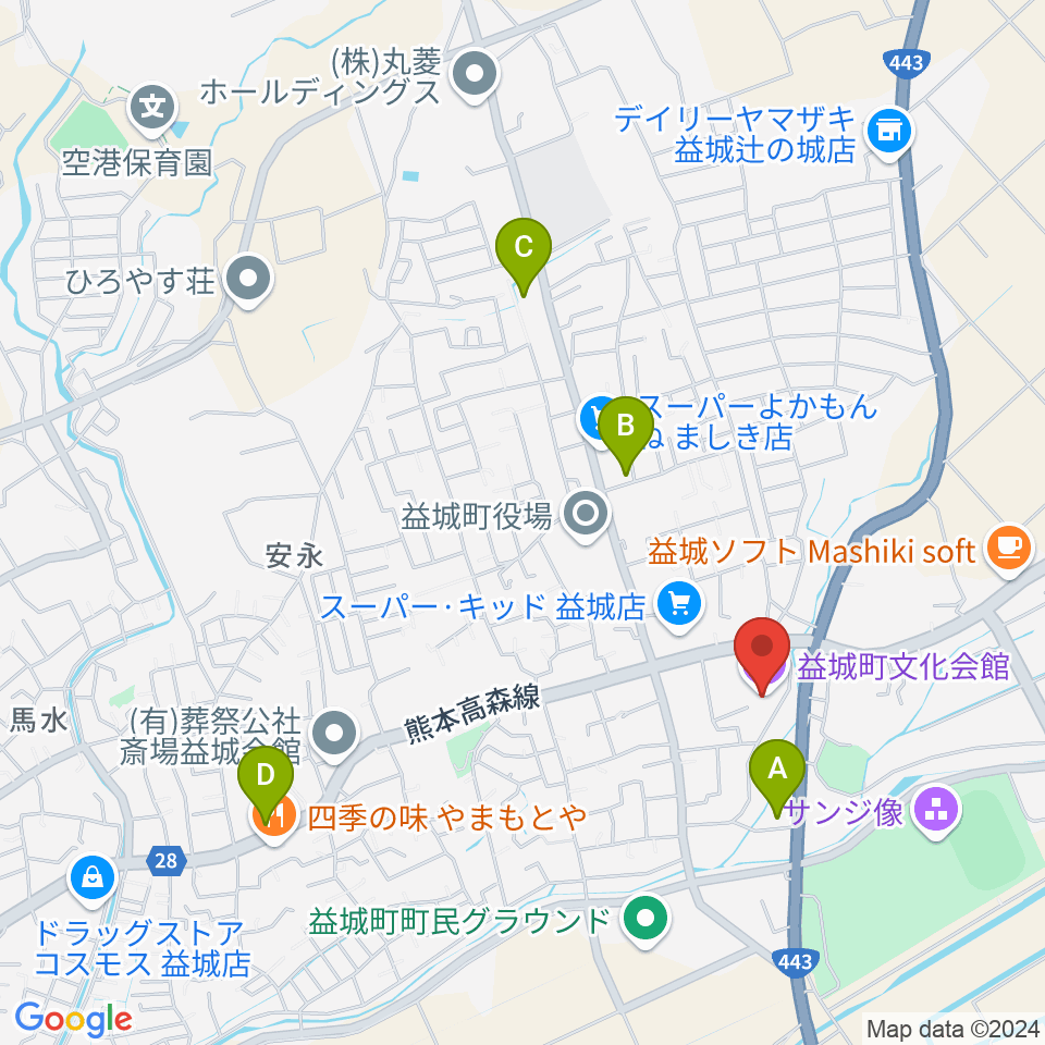 益城町文化会館周辺のコンビニエンスストア一覧地図